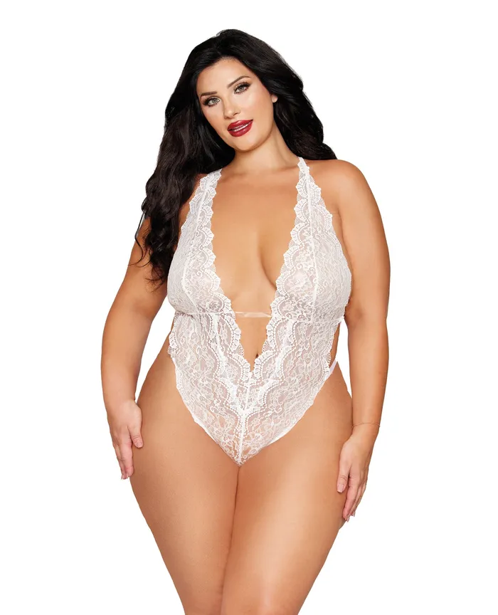 Dreamgirl International Female Sex Toys Stretch Lace Teddy wRemovable Pearl Harness White QN