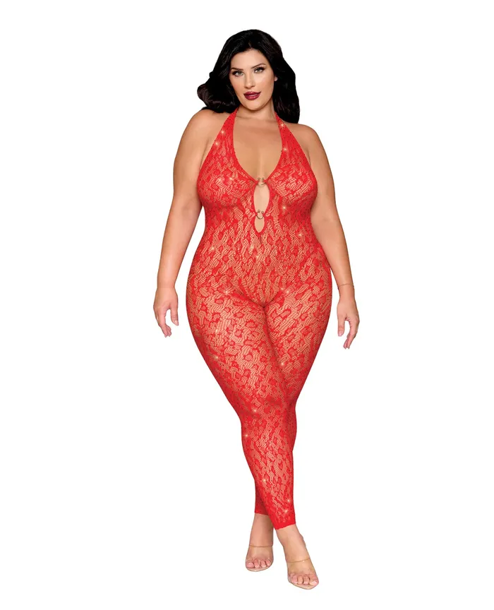 Dreamgirl International Vibrators Leopard Pattern Seamless Bodystocking wGold Details Red QN