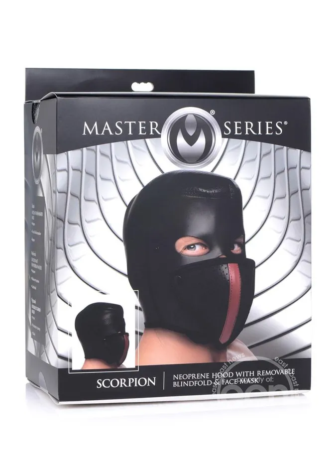 Master Series Scorpion Hood With Removable Blindfold And Face Mask BlackRed XR Brands Anal